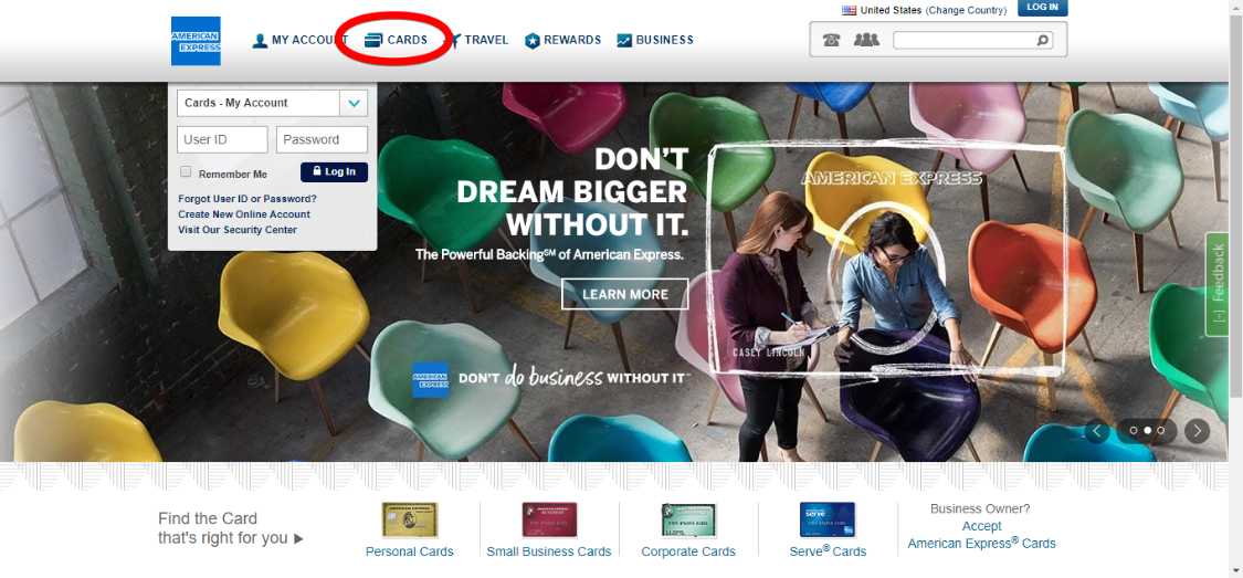 American Express website screenshot indicating where the "Cards" button is